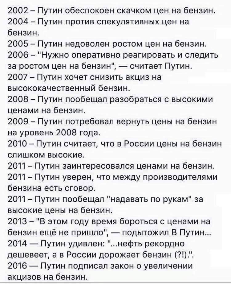 2002 – Путин обеспокоен скачком цен на бензин. 2004 – Путин против спекулятивных цен на бензин. 2005 – Путин недоволен ростом цен на бензин. 2006 – 