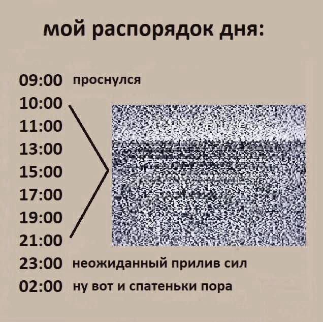 мой распорядок дня 0900 проснулся 1000 1100 1300 1500 1700 1900 2100 2300 неожиданный прилив сил 0200 ну вот и спатеиьки пора