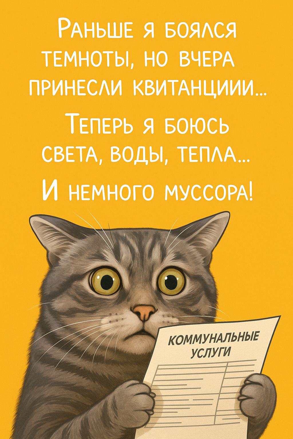 Раньше я боялся темноты, но вчера принесли квитанции... Теперь я боюсь света, воды, тепла... И немного мусора!
