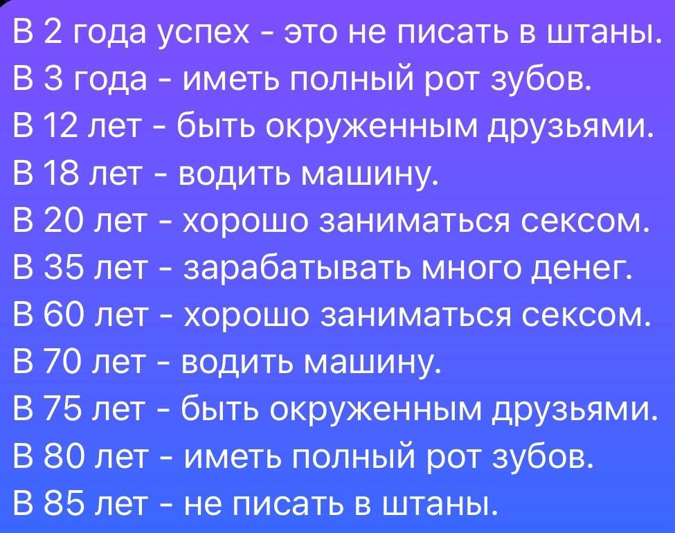В 2 года успех – это не писать в штаныш. В 3 года – иметь полный рот зубов. В 12 лет – быть окруженным друзьями. В 18 лет – водить машину. В 20 лет – хорошо заниматься сексом. В 35 лет – зарабатывать много денег. В 60 лет – хорошо заниматься сексом. В 70 лет – водить машину. В 75 лет – быть окруженным друзьями. В 80 лет – иметь полный рот зубов. В 85 лет – не писать в штаныш.