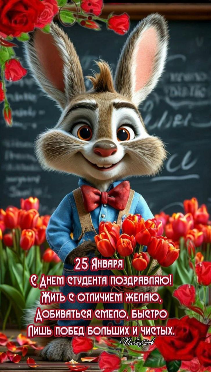 25 Яnваря. С Днём студента поздравляю! Жить с отличием желаю, добиваться смело, быстро, пиш побед больших и чистых.