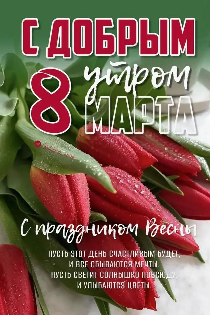 С ДОБРЫМ УТРОМ 8 МАРТА
С праздником Весны
Пусть этот день счастливыми будет, и все сбываются мечты. Пусть светит солнышко повсюду, и улыбаются цветы.