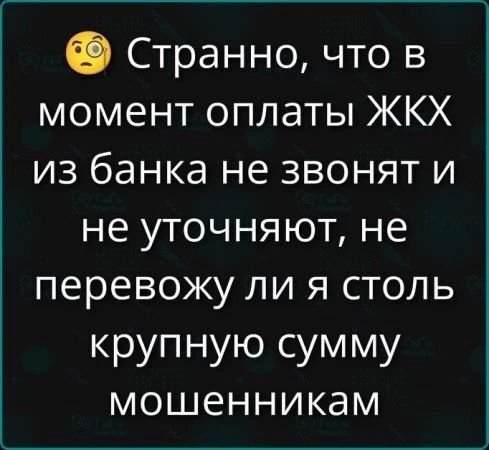 Странно, что в момент оплаты ЖКХ из банка не звонят и не уточняют, не перевожу ли я столь крупную сумму мошенникам