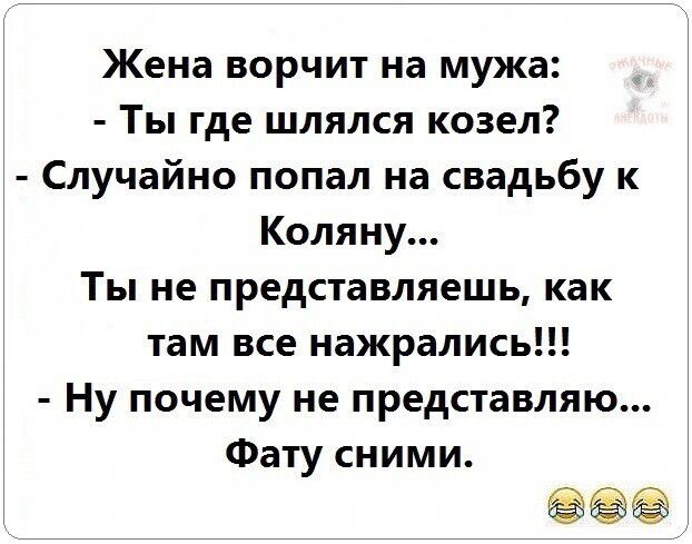 Жена ворчит на мужа Ты где шлялся козел Случайно попал на свадьбу к Коляну Ты не представляешь как там все нажрались Ну почему не представляю Фату сними