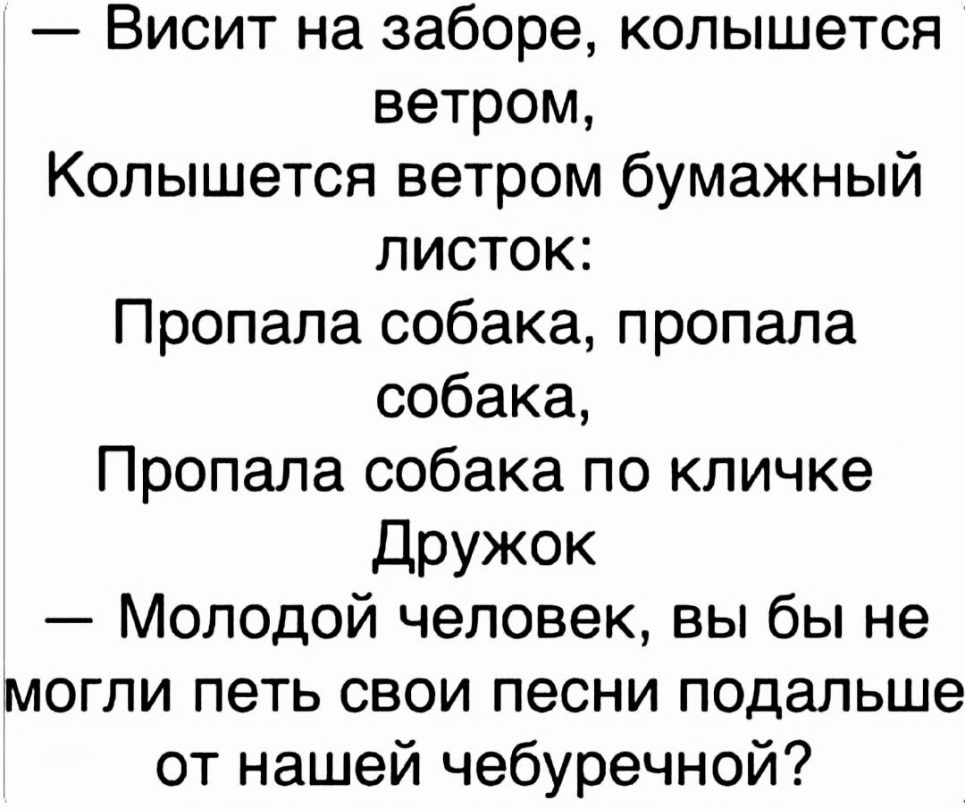 Висит на заборе колышетсн ветром Колышется ветром бумажный листок Пропала собака пропала собака Пропала собака по кличке дРУЖОК Молодой человек вы бы не могли петь свои песни подальше от нашей чебуречной