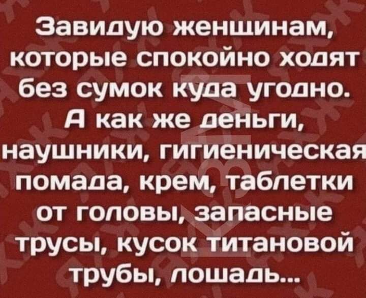 Завидую женщинам которые спокойно ходят без сумок куда угодно д как же деньги наушники гигиеническая помада крем таблетки от головы запасные трусы кусок титановой трубы лошадь