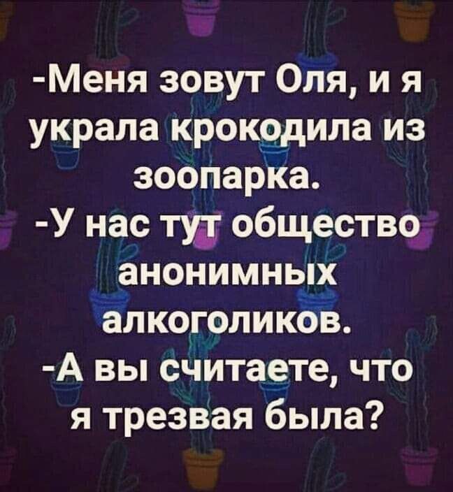 Меня зовут Оля и я украла крокздила из зоопарка У нас туд общество _анонимных алкоголиков А вы считаете что я трезвая была