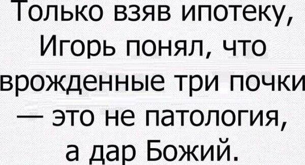 Только взяв ипотеку Игорь понял что врожденные три почки это не патология а дар Божий