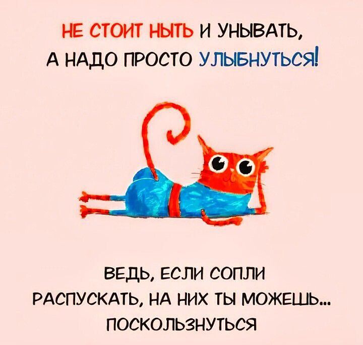 Е СТОИТ РЫТЬ И УНЫВАТЬ А НАДО ПРОСТО УЛЫБНУТЬСЯ ВЕДЬ ЕСЛИ СОПЛИ РАСПУСКАТЬ НА НИХ ТЫ МОЖЕШЬ ПОСКОЛЬЗНУТЬСЯ