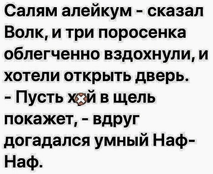 Салям алейкум сказал Волк и три поросенка облегченно вздохнули и хотели открыть дверь Пусть хай в щель покажет вдруг догадался умный Наф Наф