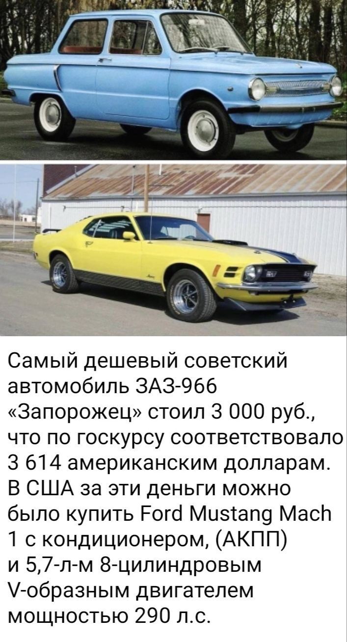 Самый дешевый советский автомобиль ЗАЗ 966 Запорожец стоил 3 000 руб что по госкурсу соответствовало 3 614 американским долларам В США за эти деньги можно было купить Рога Мизтап9 Маси 1 с кондиционером АКПП и 57 п м 8цилиндровым Ч образным двигателем мощностью 290 лс