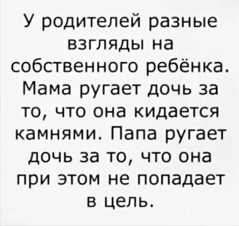 У родителей разные взгляды на собственного ребёнка Мама ругает дочь за то что она кидается камнями Папа ругает дочь за то что она при этом не попадает в цепь