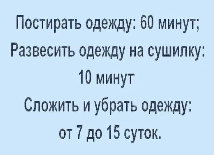 Постирать одежду 60 минут Развесить одежду на сушипку 10 минут Сложить и убрать одежду от 7 до 15 суток