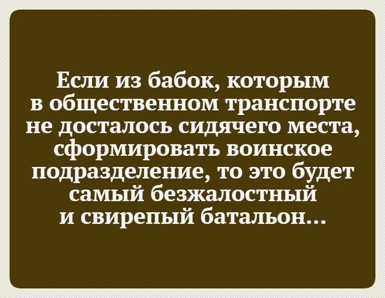 Если из бабок которым в общественном транспорте не досталось сидячего места сформировать воинское подразделение то это будет самый безжалостный и свирепый батальон