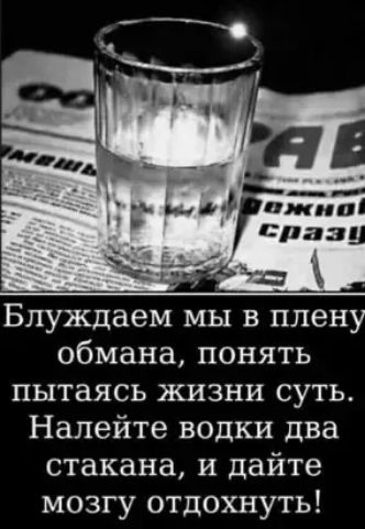 Блуждаем мы в плену обмана понять пытаясь жизни суть Налейте водки два стакана и дайте мозгу отдохнуть