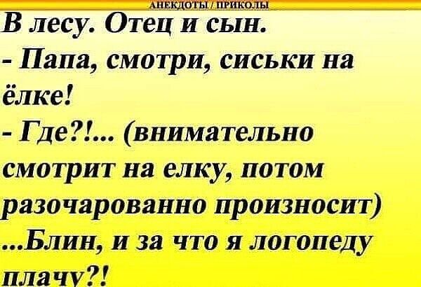 В есу Отец и сын Папа смотри сиськи на лке Где внимательно смотрит на елку потом разочарованно произносит Блин и за что я логопеду ла чу