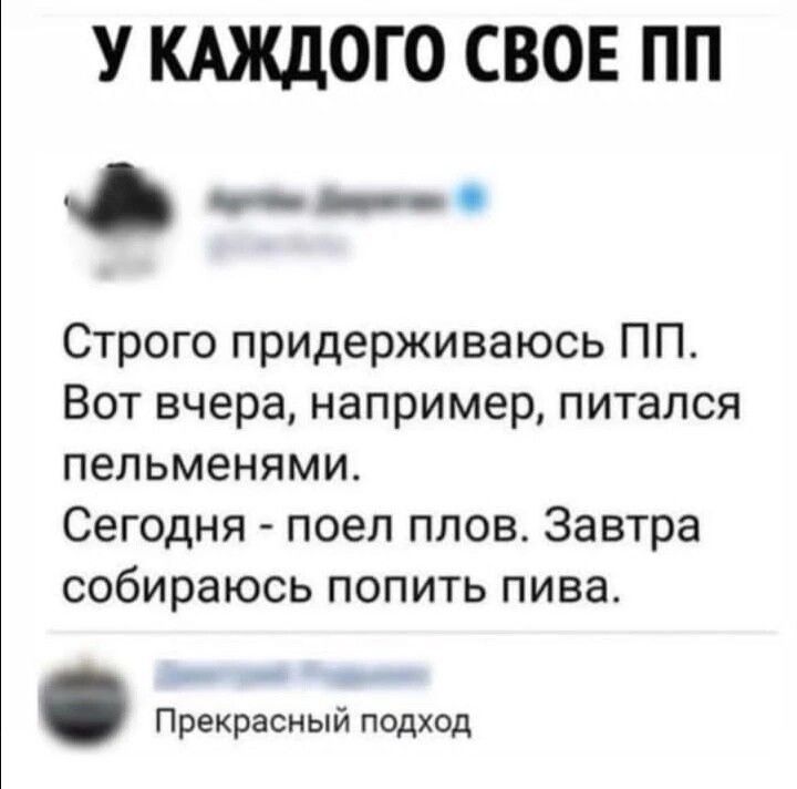 У КАЖДОГО СВОЕ ПП __ _ Строго придерживаюсь ПП Вот вчера например питался пельменями Сегодня поеп плов Завтра собираюсь попить пива Прекрасный подход