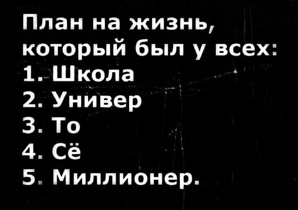 План на жизнь который был у всех 1 Школа 2 Универ 3 То 4 Сё 5 Миллионер