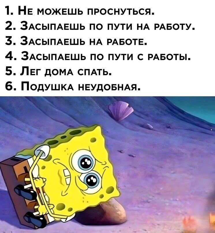 1 НЕ можвшь проснуться 2 ЗАсыпАЕшь по пути НА мвоту 3 ЗАСЫПАЕШЬ НА РАБОТЕ 4 ЗАСЫПАЕШЬ по пути с РАБОТЫ 5 Лег ДОМА СПАТЬ 6 ПОДУШКА НЕУдОБНАЯ