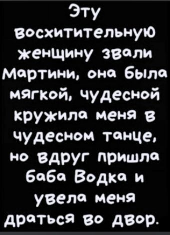 Эту восхитительную женщину звали мартини она была мягкой чудесной кружит меня чудесном танце но вдруг пришла Боба Водка и увела меня драться во двор