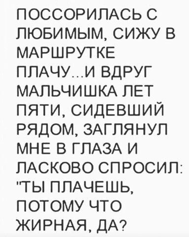 ПОССОРИЛАСЬ С ЛЮБИМЫМ СИЖУ В МАРШРУТКЕ ПЛАЧУИ ВДРУГ МАЛЬЧИШКА ЛЕТ ПЯТИ СИДЕВШИЙ РЯДОМ ЗАГЛЯНУЛ МНЕ В ГЛАЗА И ЛАСКОВО СПРОСИЛ ТЫ ПЛАЧЕШЬ ПОТОМУ ЧТО ЖИРНАЯ ДА