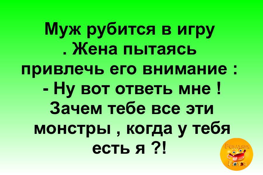 Муж рубится в игру Жена пытаясь привлечь его внимание Ну вот ответь мне Зачем тебе все эти монстры когда у тебя есть я