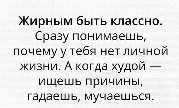 Жирным быть классно Сразу понимаешь почему у тебя нет личной жизни А когда худой ищешь причины гадаешь мучаешься