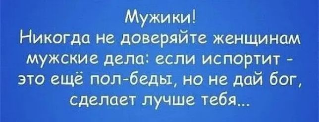 Никогда не доверяйте женщинам мужские дела если испортит это ещё пол беды но не дай бог