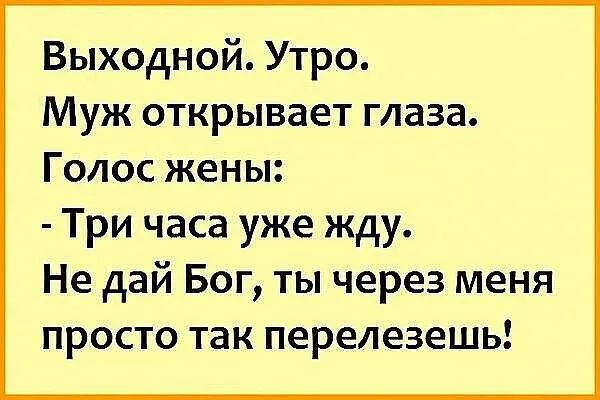 Выходной Утро Муж открывает глаза Голос жены Три часа уже жду Не дай Бог ты через меня просто так перелезешь