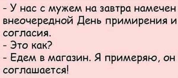 У нас с мужем на завтра намечен внеочередной День примирения и согласия Это как Едем в магазин Я примеряю он соглашается