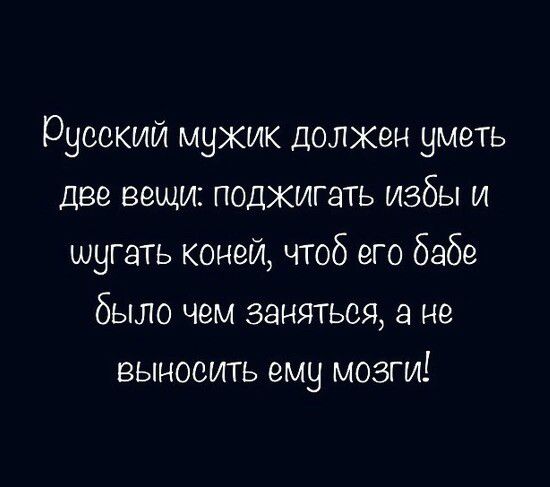 Русский мужик должен уметь две вещи поджигать избы и шугать коней чтоб его бабе было чем заняться а не выносить ему мозги