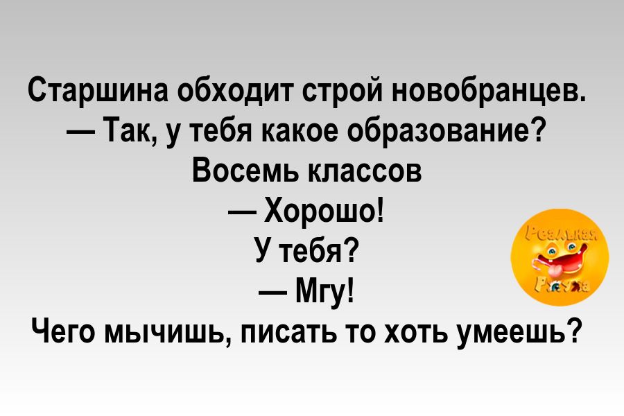 Старшина обходит строй новобранцев Так у тебя какое образование Восемь классов Хорошо Утебя Мгу Чего мычишь писать то хоть умеешь