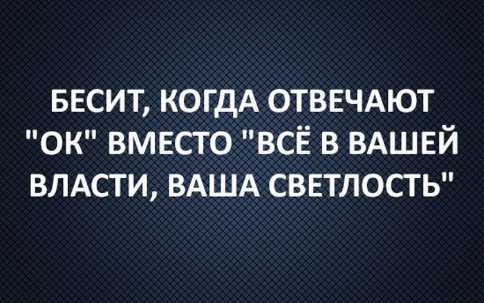 БЕСИТ КОГДА ОТВЕЧАЮТ ОК ВМЕСТО ВСЁ В ВАШЕЙ ВЛАСТИ ВАША СВЕТЛОСТЬ