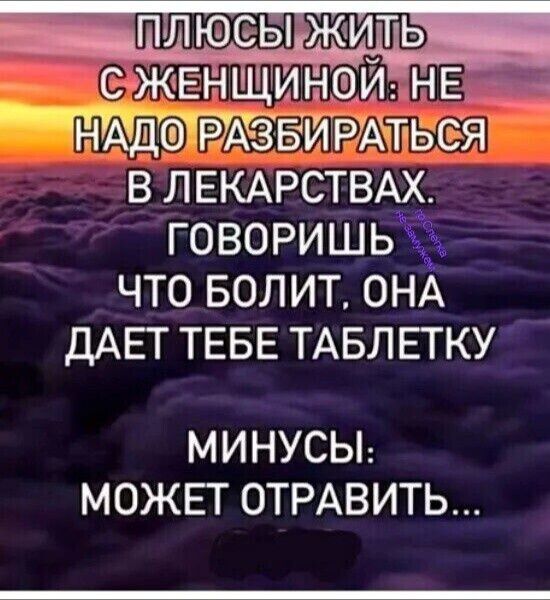 ПЛЮСЫ ЖИТЬ С ЖЕНЩИНОЙ: НЕ НАДО РАЗБИРАТЬСЯ В ЛЕКАРСТВАХ. ГОВОРИШЬ ЧТО БОЛИТ. ОНА ДАЕТ ТЕБЕ ТАБЛЕТКУ
МИНУСЫ: МОЖЕТ ОТРАВИТЬ...
