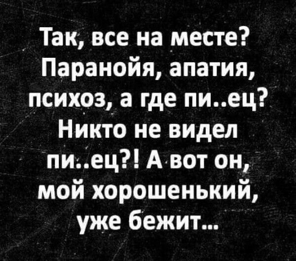 Так, все на месте? Паранойя, апатия, психоз, а где пи..ец? Никто не видел пи..ец?! А вот он, мой хорошенький, уже бежит...