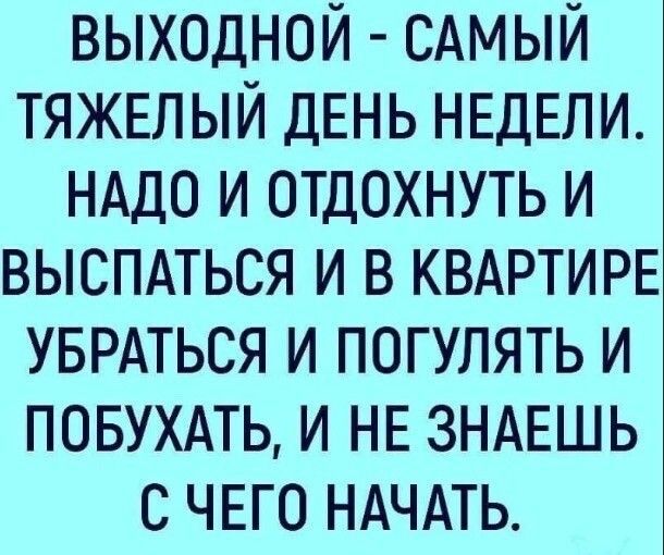 ВЫХОДНОЙ - САМЫЙ ТЯЖЕЛЫЙ ДЕНЬ НЕДЕЛИ. НАДО И ОТДОХНУТЬ И ВЫСПАТЬСЯ И В КВАРТИРЕ УБРАТЬСЯ И ПОГУЛЯТЬ И ПОБУХАТЬ, И НЕ ЗНАЕШЬ С ЧЕГО НАЧАТЬ.