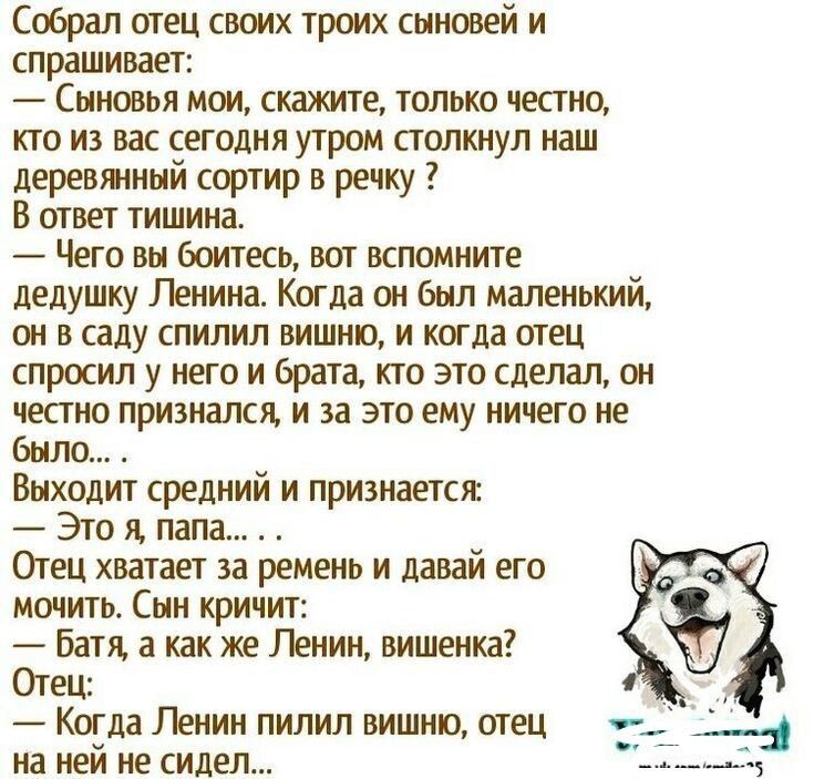 Собрал отец своих троих сыновей и спрашивает:
— Сыновья мои, скажите, только честно, кто из вас сегодня утром столкнул наш деревянный сортир в реку?
В ответ тишина.
— Чего вы боитесь, вот вспомните дедушку Ленина. Когда он был маленьким, он в саду спилил вишню, и когда отец спросил у него и брата, кто это сделал, он честно признался, и за это ему ничего не было...
Выходит средний и признается:
— Это я, папа...
Отец хватает за ремень и давай его мачить. Сын кричит:
— Батя, а как же Ленин, вишенка?
Отец:
— Когда Ленин пил вишенку, отец на ней не сидел...