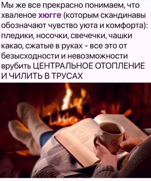Мы же все прекрасно понимаем, что хваленое хюгге (которым скандинавы обозначают чувство уюта и комфорта): пледики, носочки, свечечки, чашки какао, сжатые в руках - все это от безысходности и невозможности врубить ЦЕНТРАЛЬНОЕ ОТОПЛЕНИЕ и ЧИЛИТЬ В ТРУСАХ.