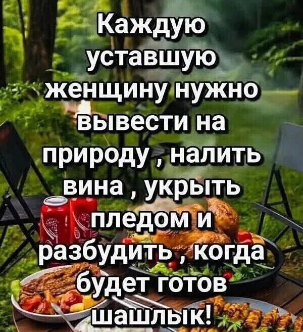 Каждую уставшую женщину нужно вывести на природу, налить вина, укрыть пледом и разбудить, когда будет готов шашлык!