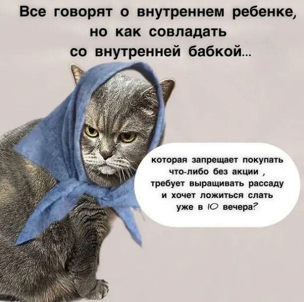 Все говорят о внутреннем ребенке, но как совладать со внутренней бабкой.. которая запрещает покупать что-либо без акции, требует выращивать рассаду и хочет ложиться спать уже в 10 вечера?