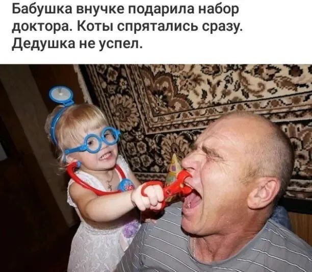 Бабушка внучке подарила набор доктора. Коты спрятались сразу. Дедушка не успел.