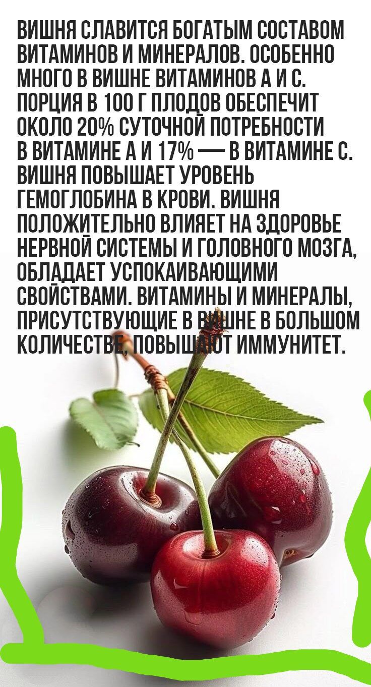 Вишня славится богатым составом витаминов и минералов. Особенно много вишне витаминов А и С. Порция в 100 г плодов обеспечит около 20% суточной потребности в витамине А и 17% — в витамине С. Вишня повышает уровень гемоглобина в крови. Вишня положительно влияет на здоровье нервной системы и головного мозга, обладает успокаивающими свойствами. Витамины и минералы, присутствующие в вишне в большом количестве, повышают иммунитет.
