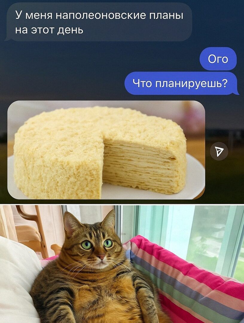 У меня наполеоновские планы на этот день
Ого
Что планируешь?
