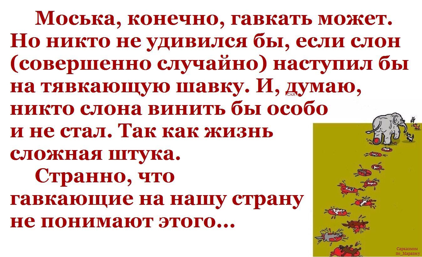 Москва, конечно, гавкать может. Но никто не удивился бы, если слон (совершенно случайно) наступил бы на тявкающую шавку. И, думаю, никто слона винить бы особо и не стал. Так как жизнь сложная штука. Странно, что гавкающие на нашу страну не понимают этого...