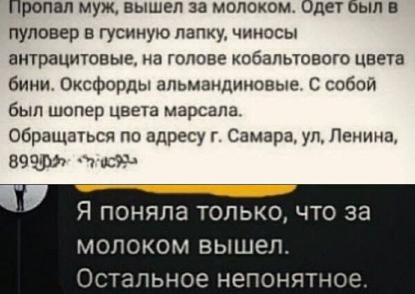 Пропал муж, вышел за молоком. Одет был в пуловер в гусиную лапку, чиновые антрахитовые, на голове кобальтового цвета бини. Оксфорды альмандиновые. С собой был шолер цвета марсала. Обращаться по адресу г. Самара, ул. Ленина, 89. Я поняла только, что за молоком вышел. Остальное непонятное.