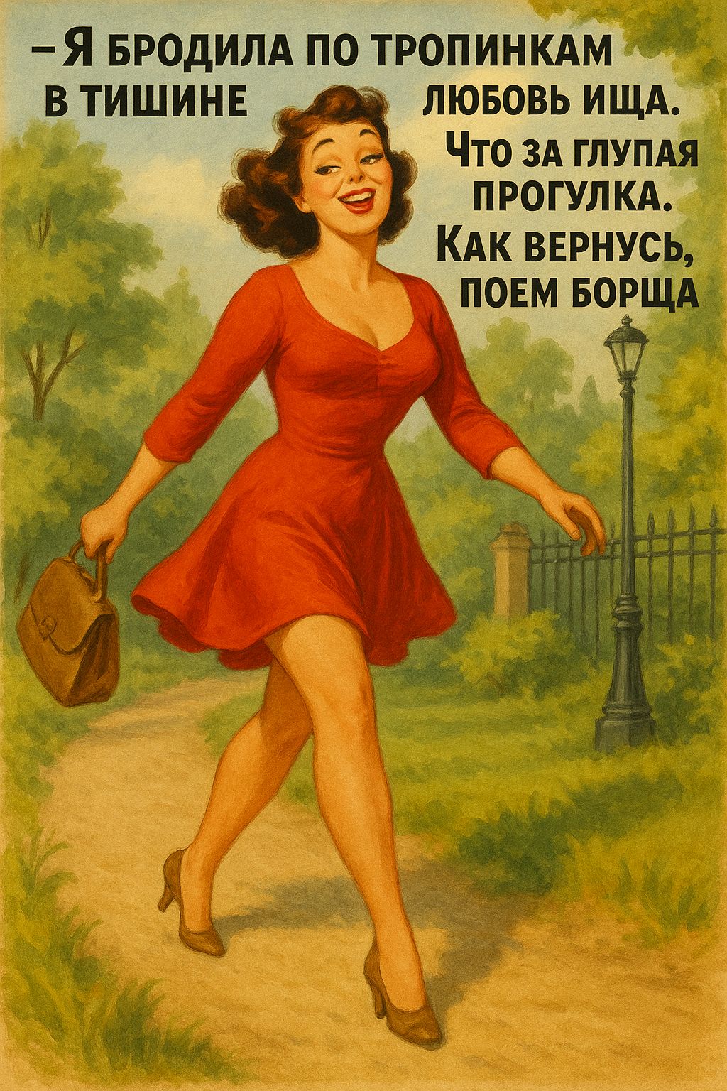 – Я бродила по тропинкам в тишине любовь ища. Что за глупая прогулка. Как вернус, поем борща.