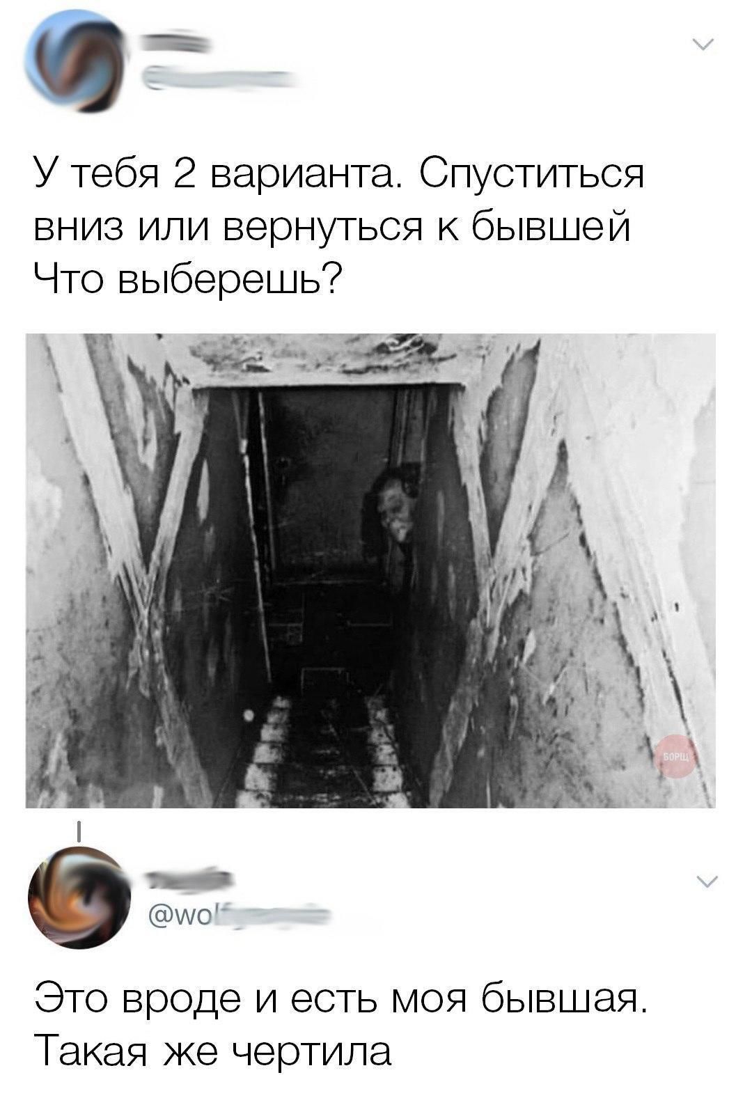 У тебя 2 варианта. Спуститься вниз или вернуться к бывшей. Что выберешь? Это вроде и есть моя бывшая. Такая же чертила.