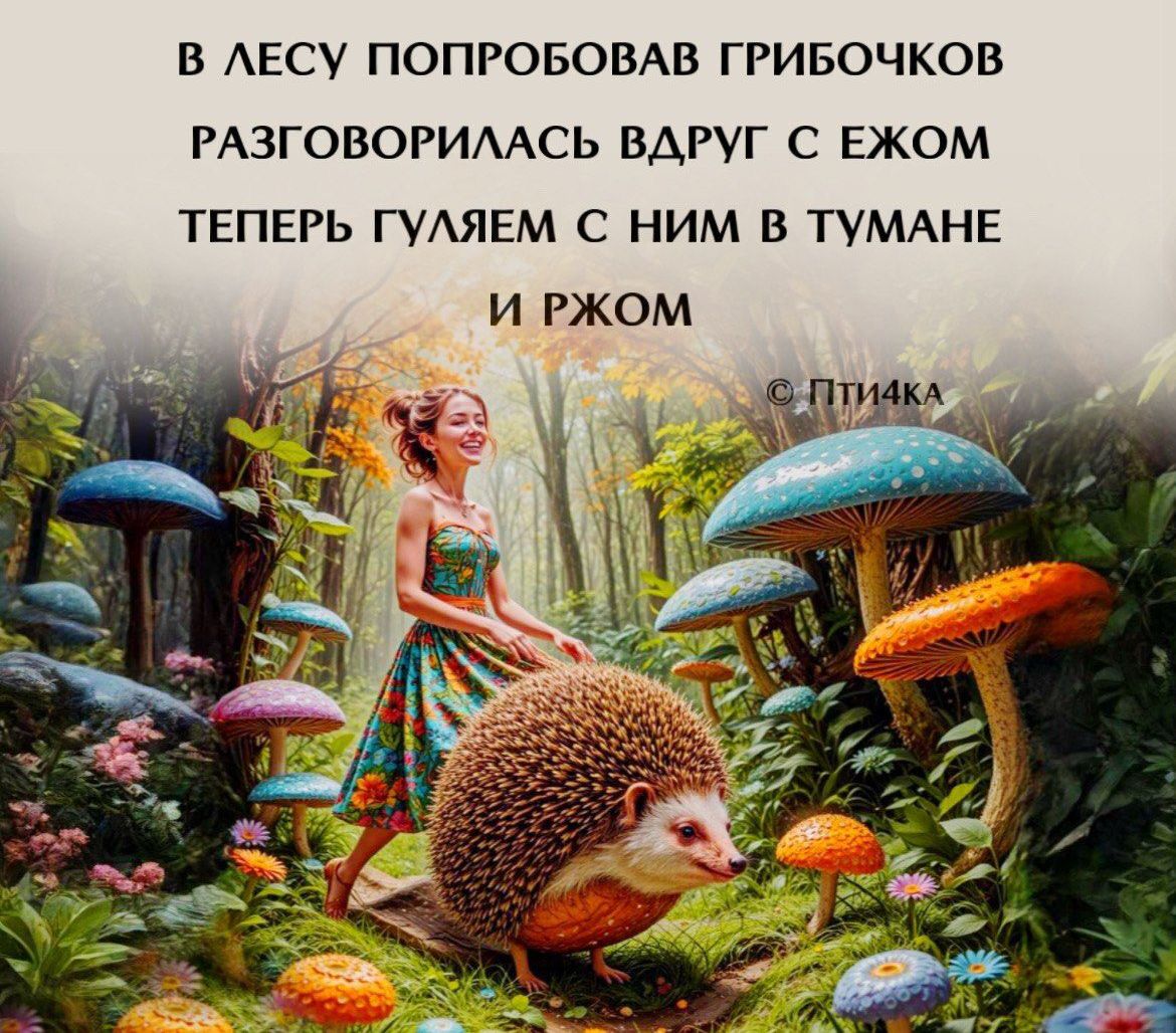 В ЛЕСУ ПОПРОБОВАВ ГРИБОЧКОВ РАЗГОВОРИЛАСЬ ВДРУГ С ЕЖОМ ТЕПЕРЬ ГУЛЯЕМ С НИМ В ТУМАНЕ И РЖОМ