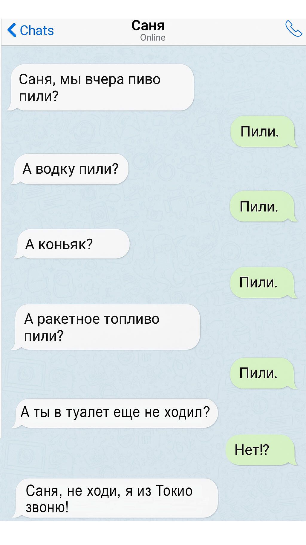 Саня, мы вчера пиво пили?
Пили.
А водку пили?
Пили.
А коньяк?
Пили.
А ракетное топливо пили?
Пили.
А ты в туалет еще не ходил?
Нет!?
Саня, не ходи, я из Токио звоню!