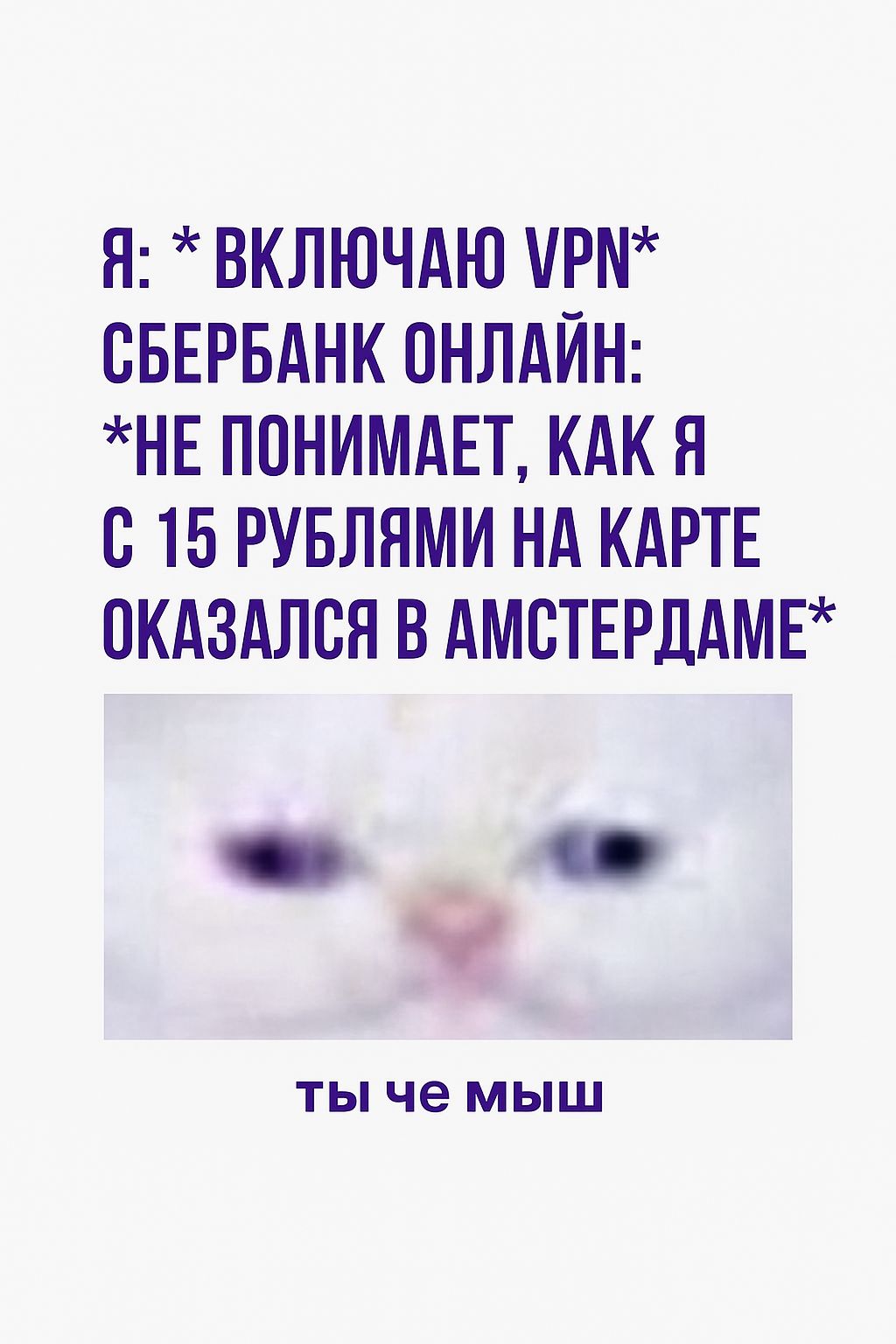 Я: *ВКЛЮЧАЮ VPN* СБЕРБАНК ОНЛАЙН: *НЕ ПОНИМАЕТ, КАК Я С 15 РУБЛЯМИ НА КАРТЕ ОКАЗАЛСЯ В АМСТЕРДАМЕ* ТЫ ЧЕ МЫШ